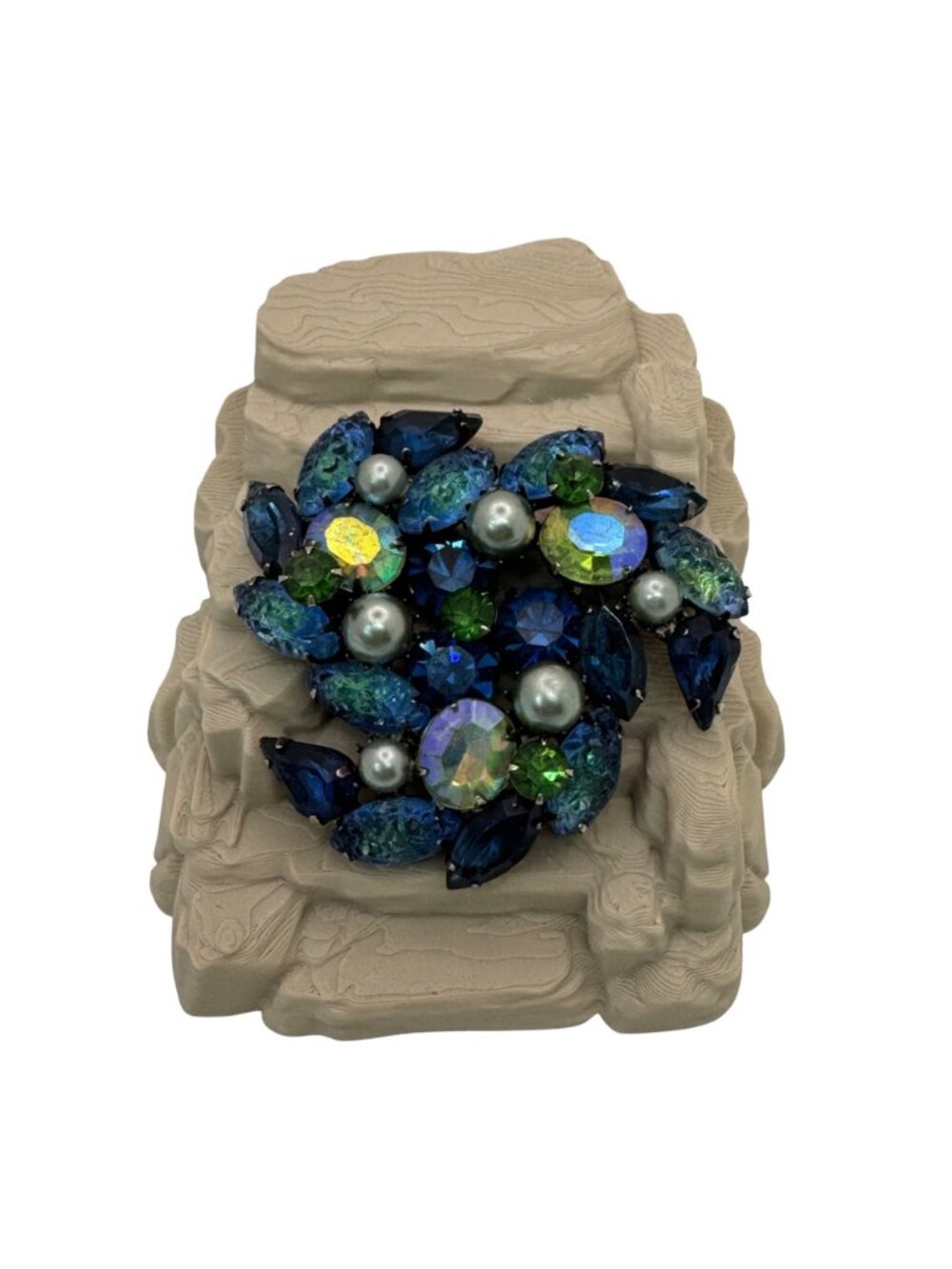 Molded Glass AB Kramer Blue & Green Rhinestone Brooch Pearls Aurora Borealis 2" - Picture 9 of 9